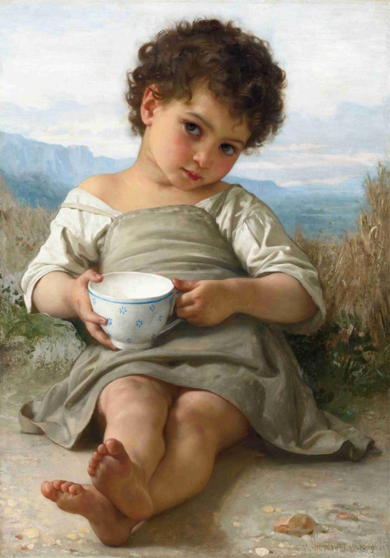 La Tasse De Lait,William-Adolphe Bouguereau,Oljna slika,Oljna slika, 1 dekle, solo, bosi, sedenje, podplati