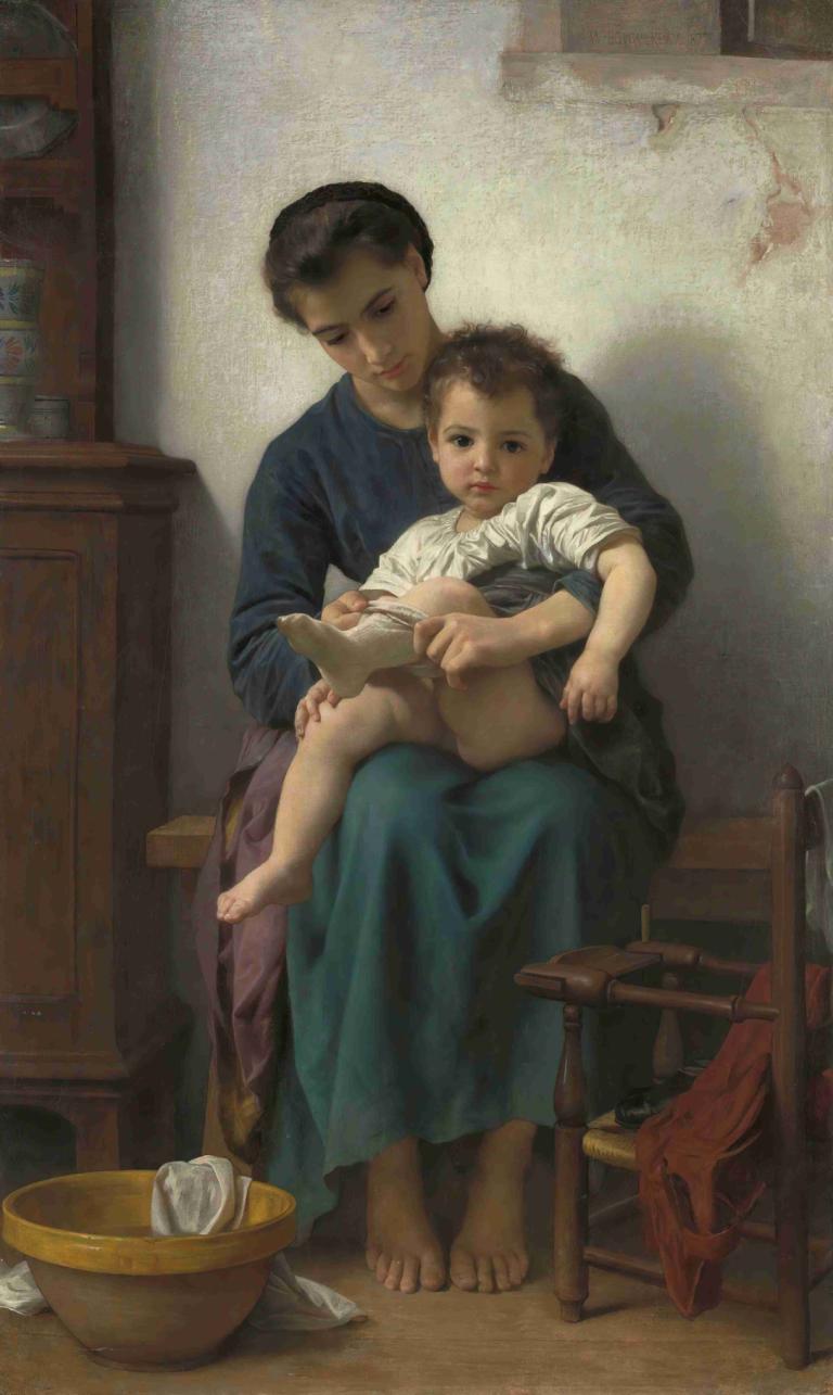 La grande soeur,William-Adolphe Bouguereau,Oljna slika,Oljna slika, likovna parodija, sedenje, bosi, knjiga