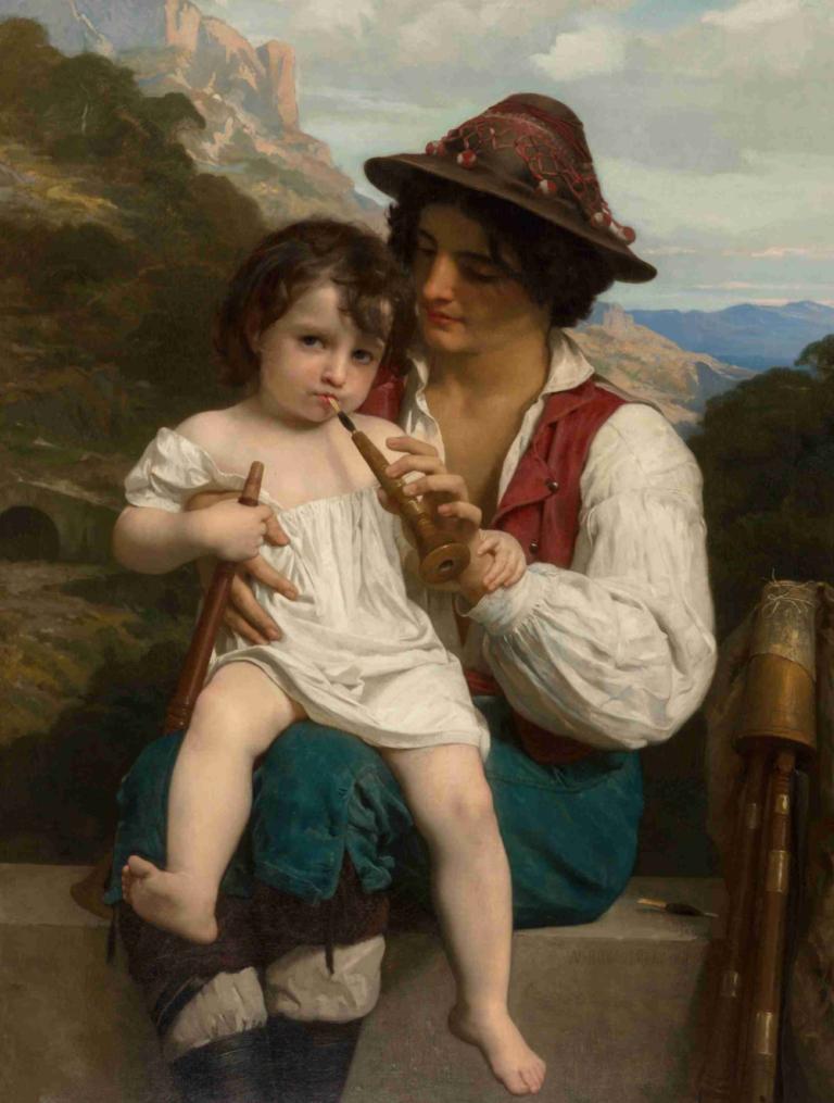 La leçon de flûte,Το μάθημα του φλάουτου,William-Adolphe Bouguereau,Ελαιογραφία,Ελαιογραφία