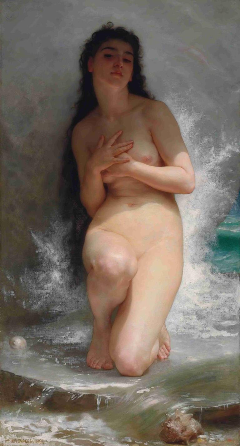 La perle,William-Adolphe Bouguereau,Ελαιογραφία,Ελαιογραφία, 1 κορίτσι, μονοφωνία, γυμνός, ρεαλιστικός, θηλές