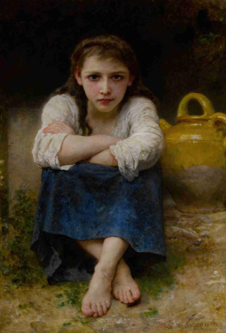 La sérieuse,Ο σοβαρός,William-Adolphe Bouguereau,Ελαιογραφία,Ελαιογραφία, 1 κορίτσι, μονοφωνία, ξυπόλυτος