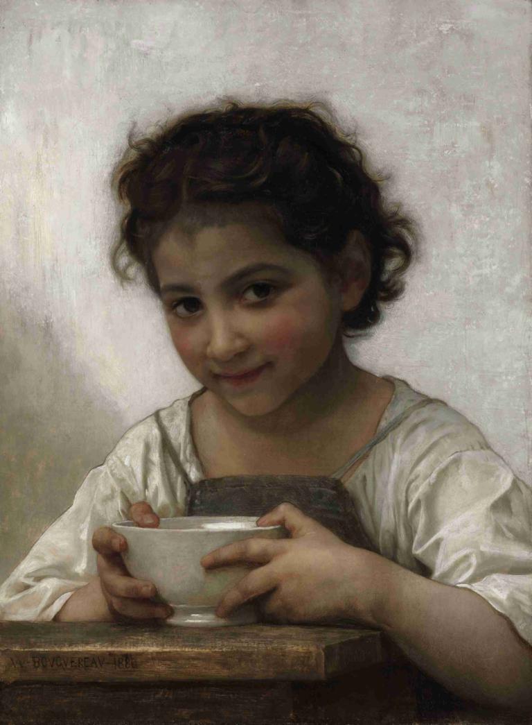 La soupe au lait,Melkesuppe,William-Adolphe Bouguereau,Oljemaleri,Oljemaleri, solo, 1 jente, realistisk