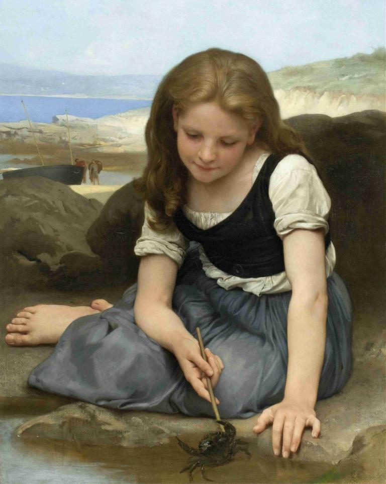 Le Crabe,William-Adolphe Bouguereau,Oil Painting,Oil Painting, fine art parody, barefoot, 1girl, outdoors