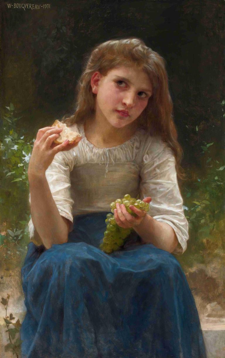 Le Goûter,Goûter,William-Adolphe Bouguereau,威廉-阿道夫-布格罗,油画,油画, 1个女孩, 独奏, 拿着食物, 实际的, 食物, 裙子, 长发, 坐着, 衬衫, 蓝色裙子