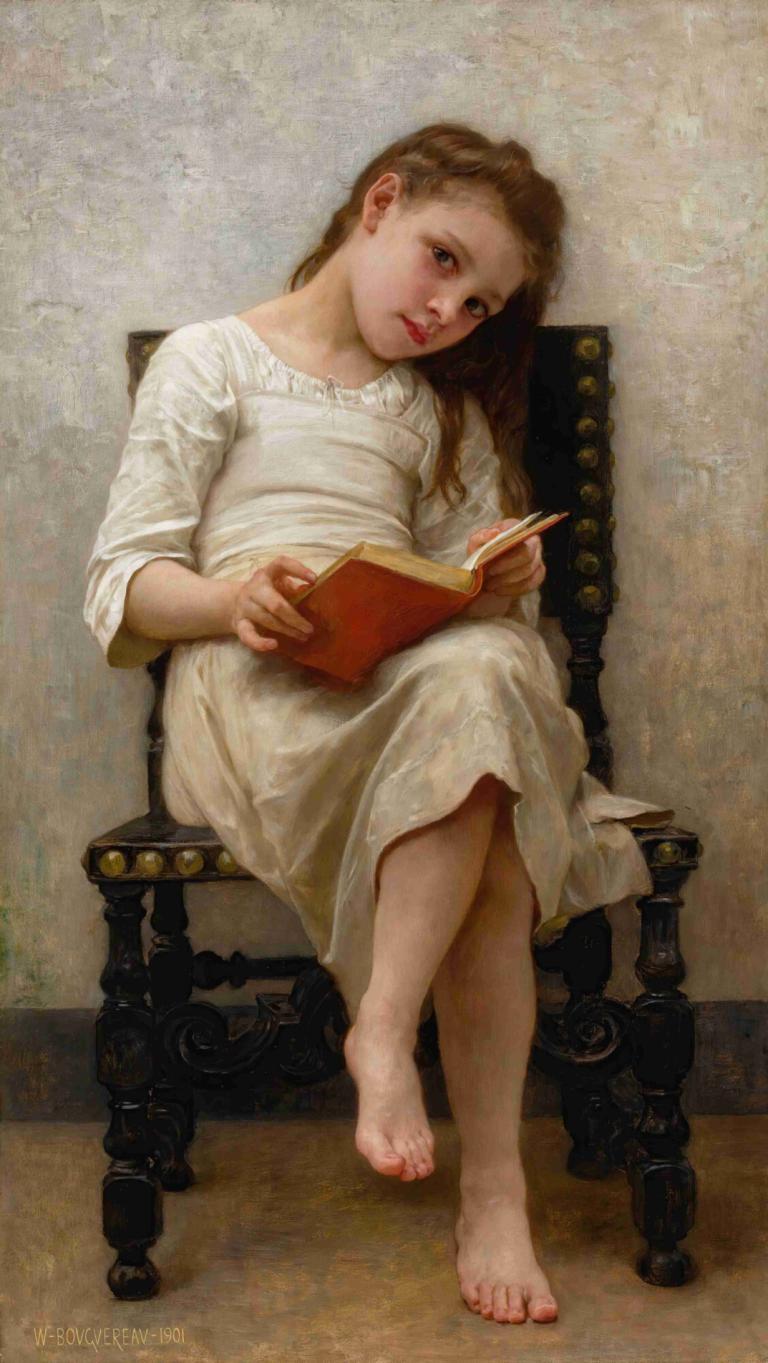 Le Livre De Prix,Het Prijzenboek,William-Adolphe Bouguereau,Olieverf,Olieverf, 1meisje, solo, boek