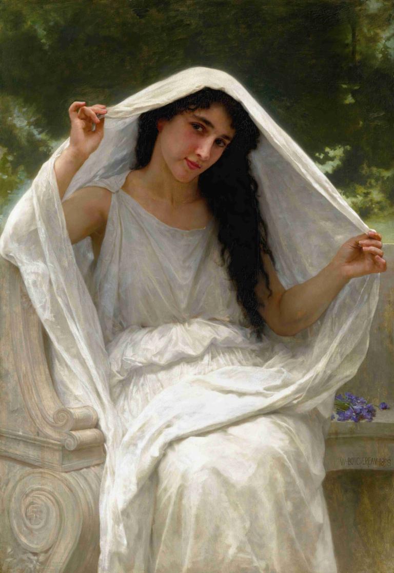 Le Voile,De sluier,William-Adolphe Bouguereau,Olieverf,Olieverf, 1meisje, zwart haar, solo, realistisch