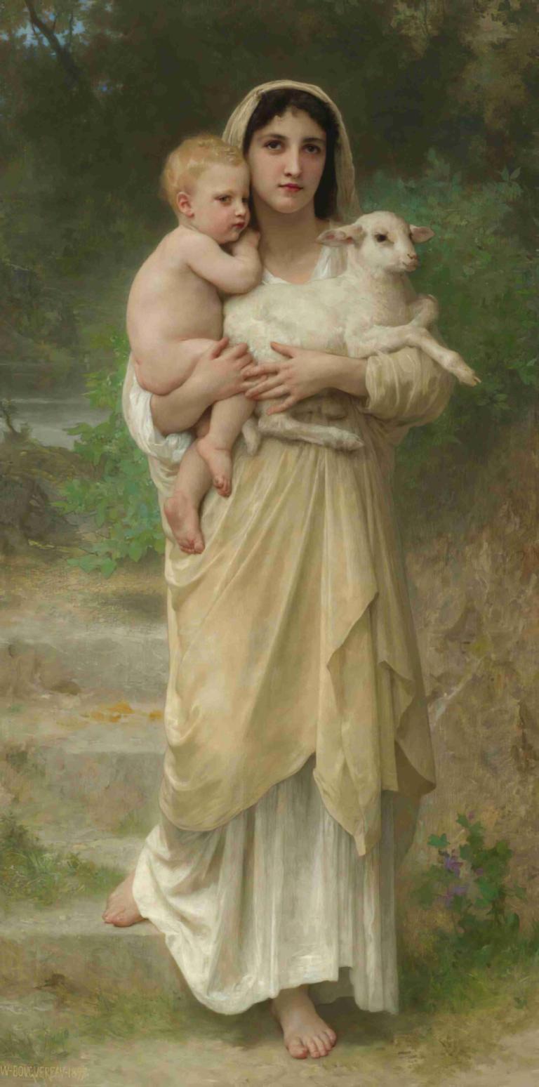 Les Agneaux,William-Adolphe Bouguereau,Olieverf,Olieverf, op blote voeten, dragen, jurk, Baby, 1meisje