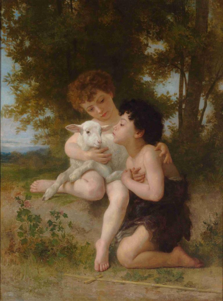 Les Enfants à L'Agneau,Kinderen in de buurt,William-Adolphe Bouguereau,Olieverf,Olieverf, 2 meisjes