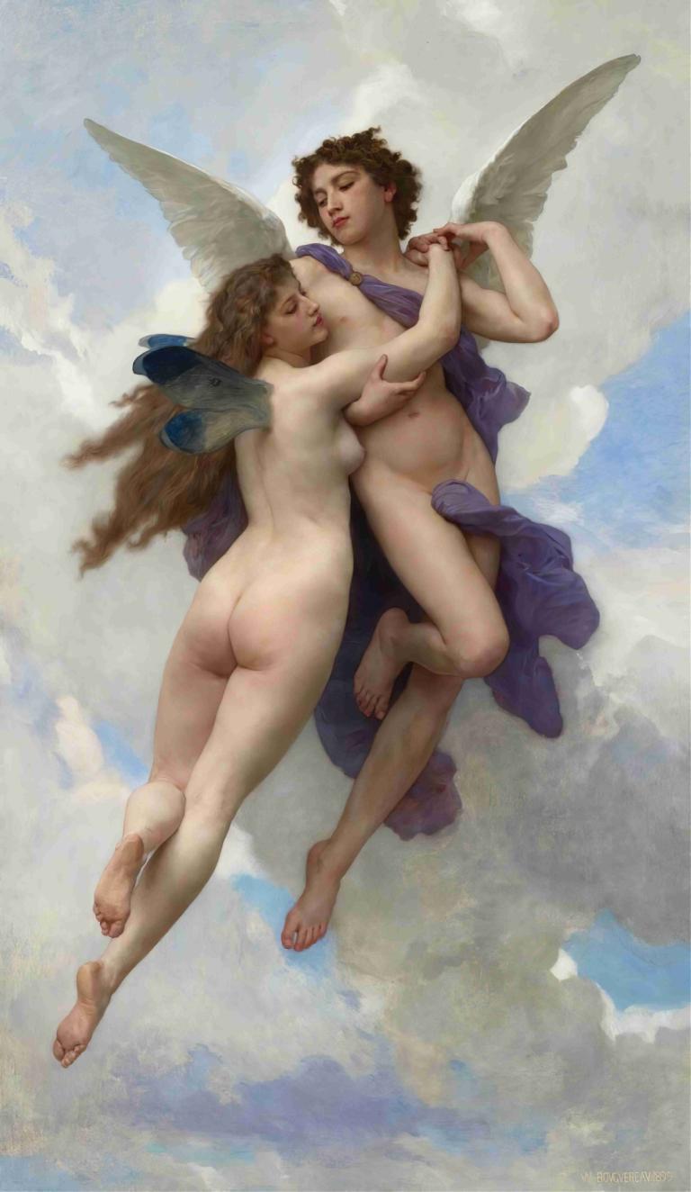 Love And Psyché,Liefde en psyché,William-Adolphe Bouguereau,Olieverf,Olieverf, Vleugels, meerdere meisjes