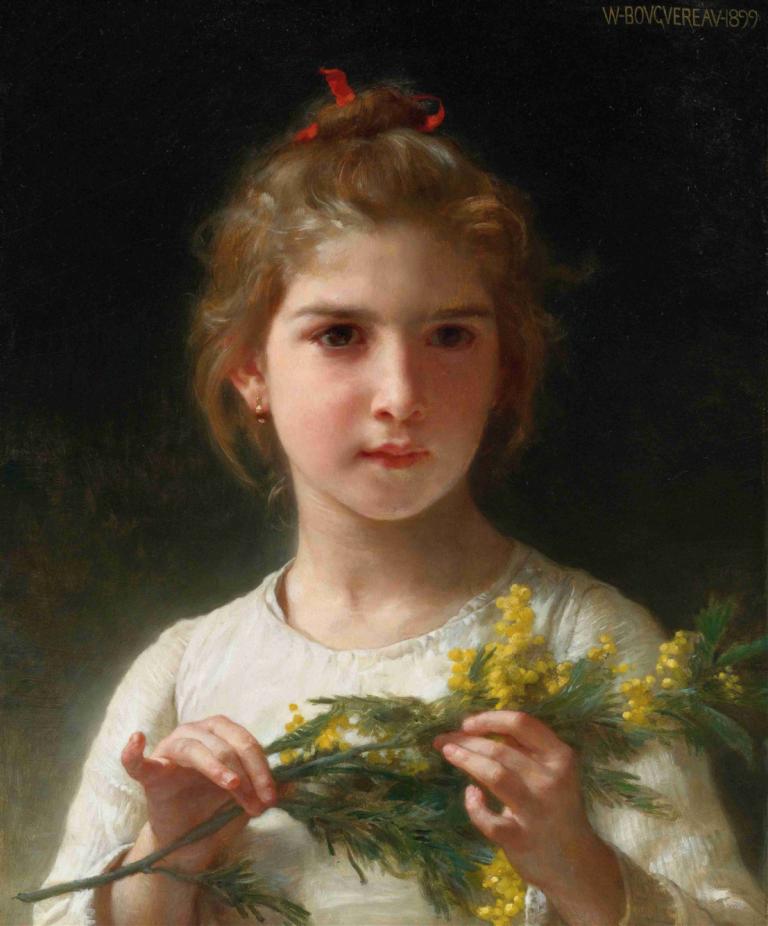 Mimosa,William-Adolphe Bouguereau,Olieverf,Olieverf, 1meisje, solo, juwelen, bloem, realistisch, oorbellen