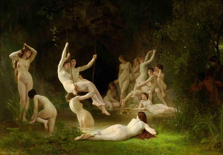 Nymphaeum,William-Adolphe Bouguereau,Olieverf,Olieverf, parodie op beeldende kunst, naakt, borsten