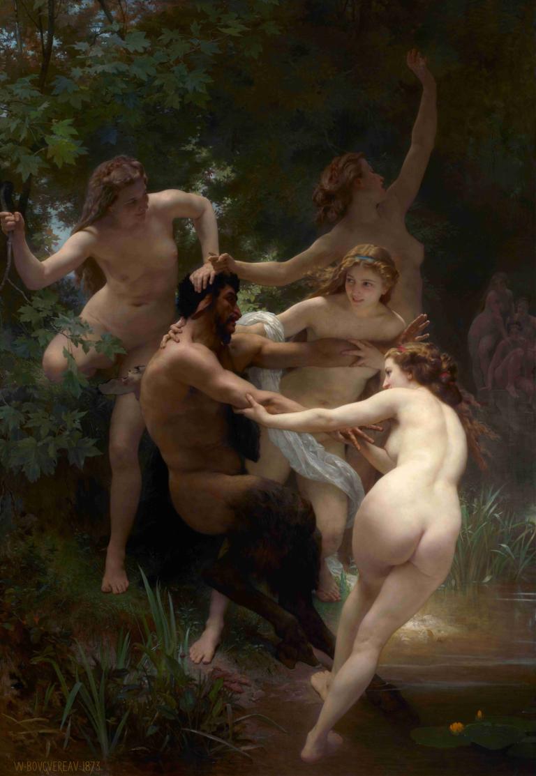 Nymphs and Satyr,Nimfen en sater,William-Adolphe Bouguereau,Olieverf,Olieverf, parodie op beeldende kunst