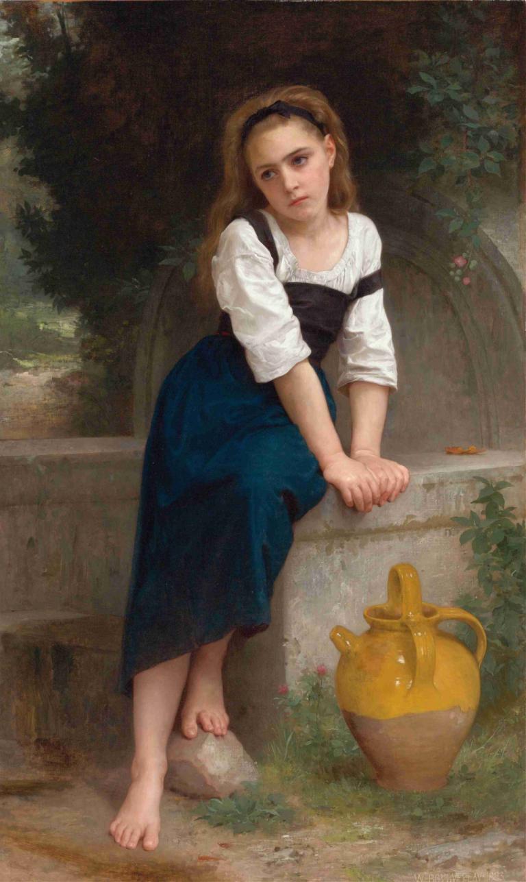 Orpheline À La Fontaine,拉封丹的孤儿,William-Adolphe Bouguereau,威廉-阿道夫-布格罗,油画,油画, 1个女孩, 赤脚, 独奏, 实际的, 发带, 长发, 衬衫