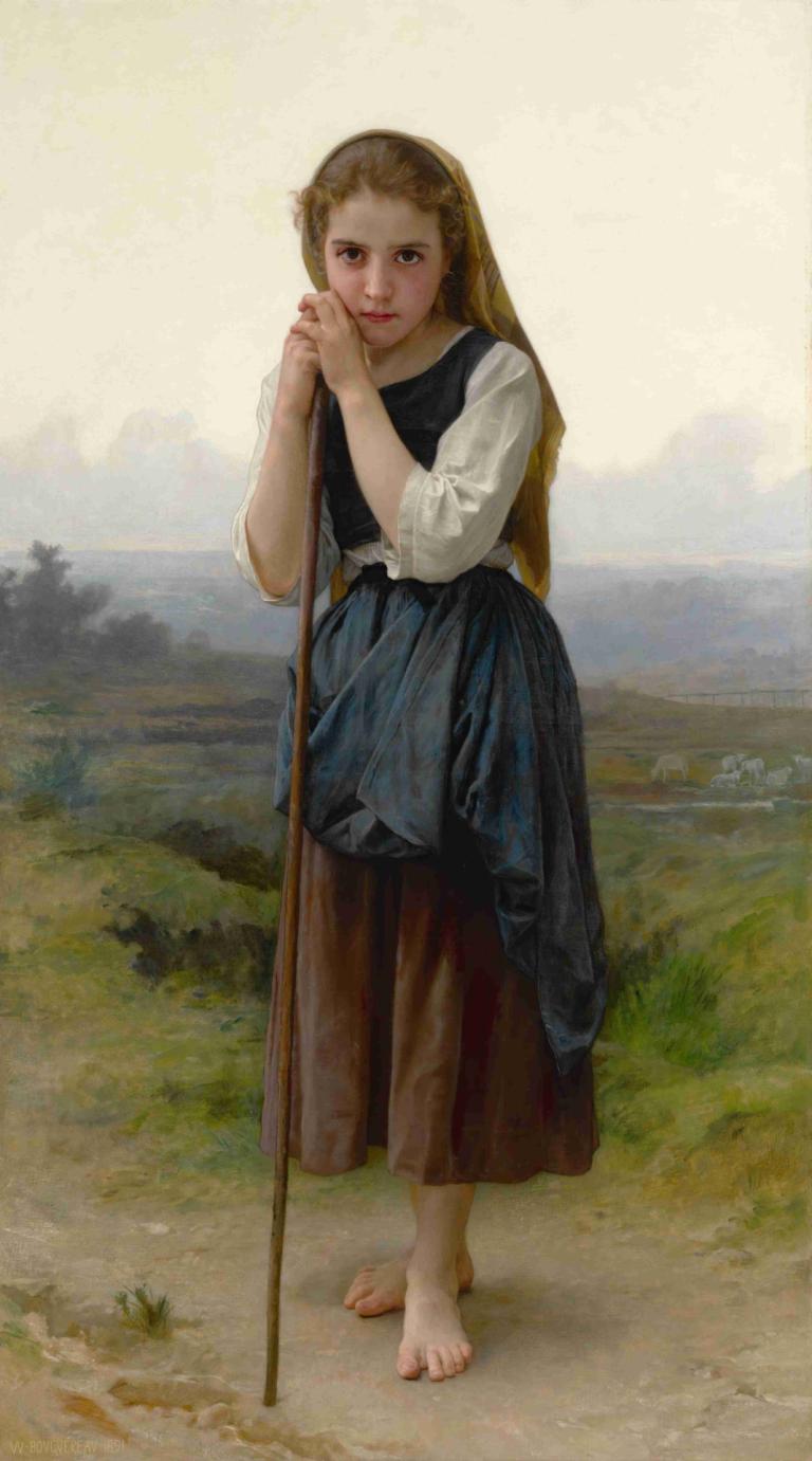 Petite Bergère,Herderinnetje,William-Adolphe Bouguereau,Olieverf,Olieverf, 1meisje, solo, op blote voeten