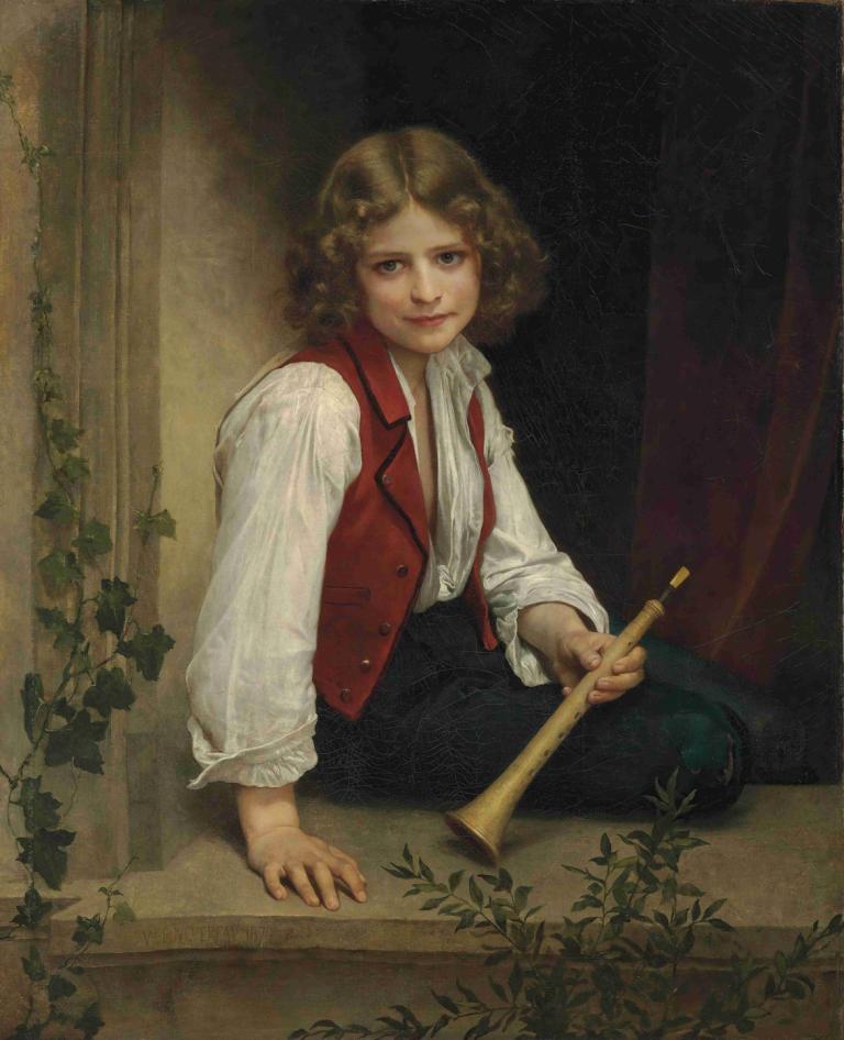 Pifferaro,William-Adolphe Bouguereau,Pictura in ulei,Pictura in ulei, 1 fata, solo, vesta rosie, vesta