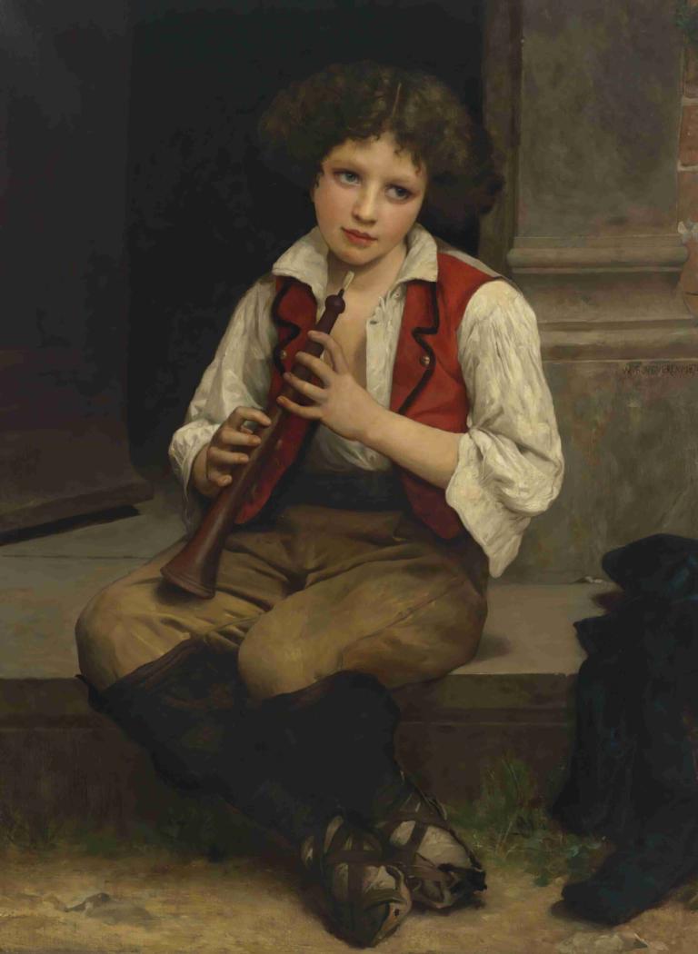 Pifferaro,William-Adolphe Bouguereau,Pictura in ulei,Pictura in ulei, solo, cămaşă, stând, vesta, cămașă albă