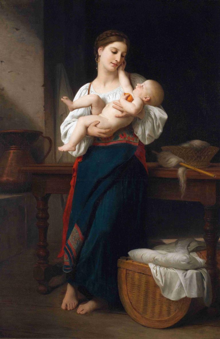 Premières caresse,Primele mângâieri,William-Adolphe Bouguereau,Pictura in ulei,Pictura in ulei, bebelus