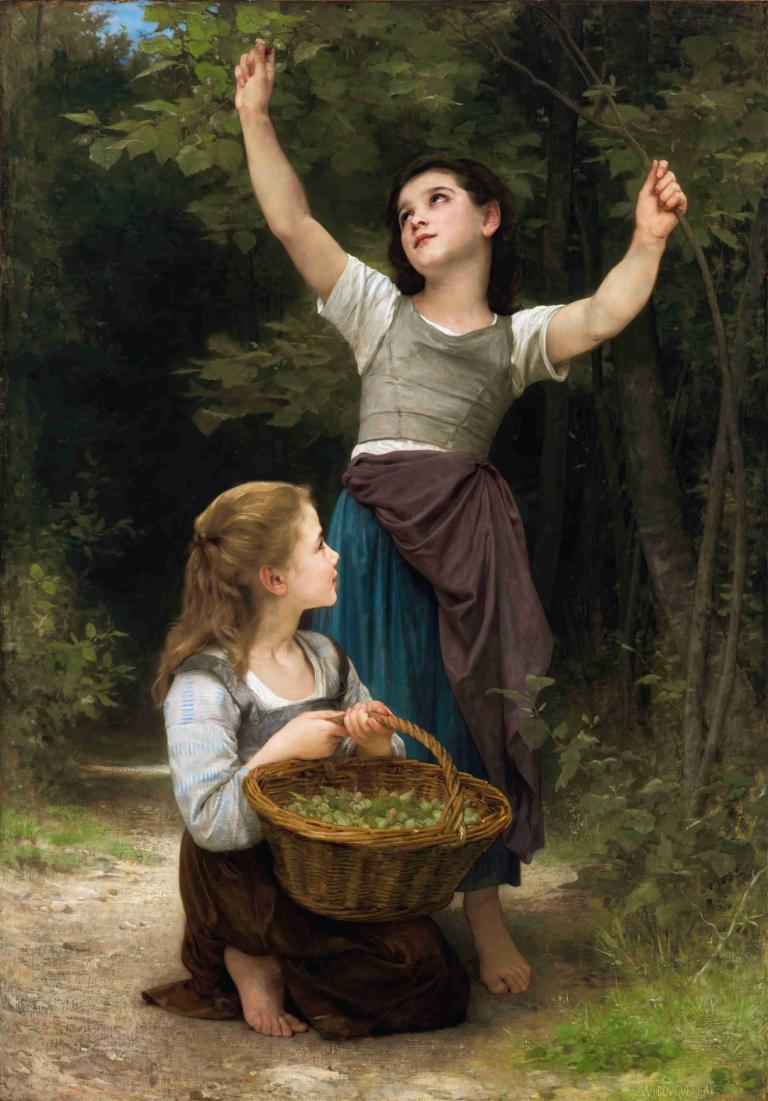 Récolte de noisettes,William-Adolphe Bouguereau,Oil Painting,Oil Painting, multiple girls, 2girls, barefoot