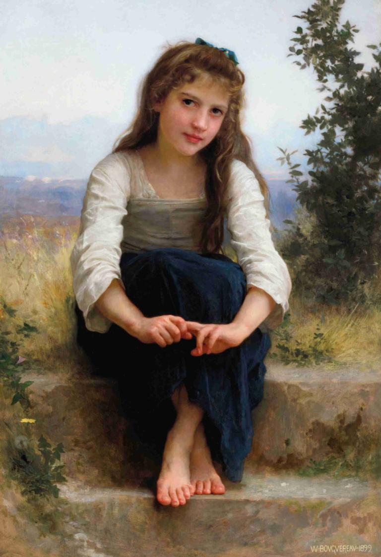 Rêverie,William-Adolphe Bouguereau,Oil Painting,Oil Painting, 1girl, solo, barefoot, realistic, long hair