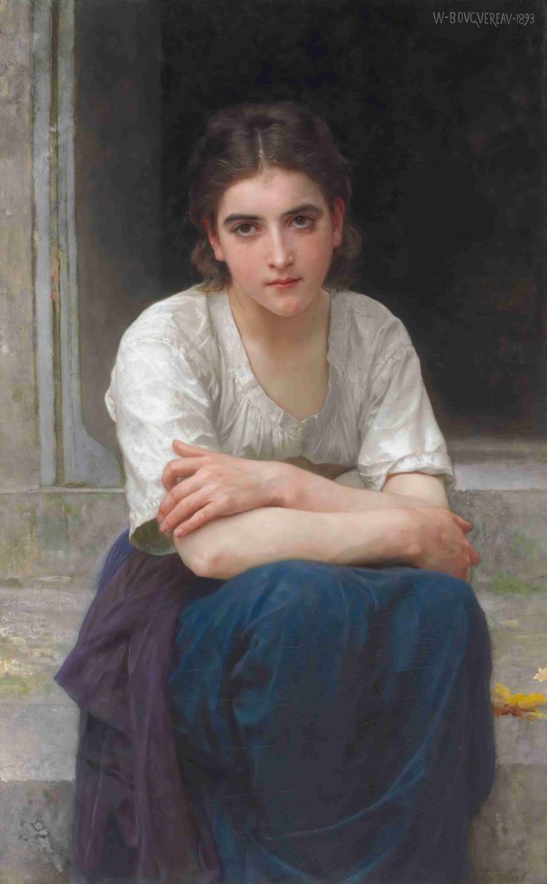 Rêverie sur le seuil,William-Adolphe Bouguereau,Oil Painting,Oil Painting, 1girl, solo, long skirt, skirt