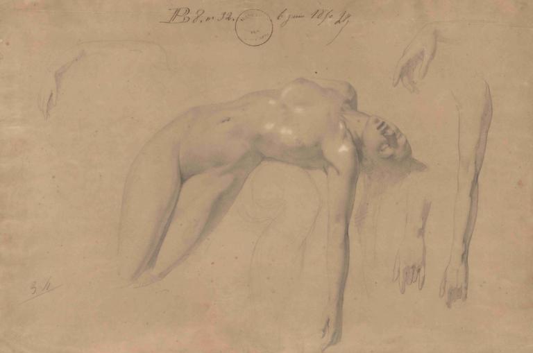 Reclining Female Nude,William-Adolphe Bouguereau,Sketch,Sketch, 1girl, nude, breasts, monochrome, sketch