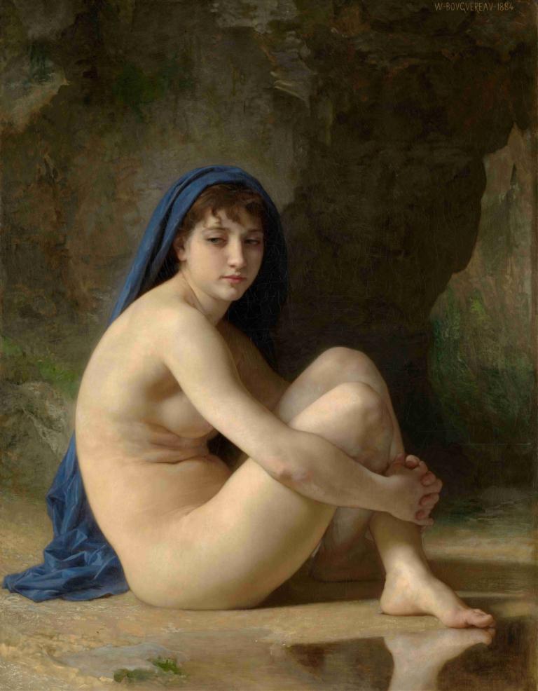 Seated Nude,William-Adolphe Bouguereau,Oil Painting,Oil Painting, fine art parody, solo, nude, sitting