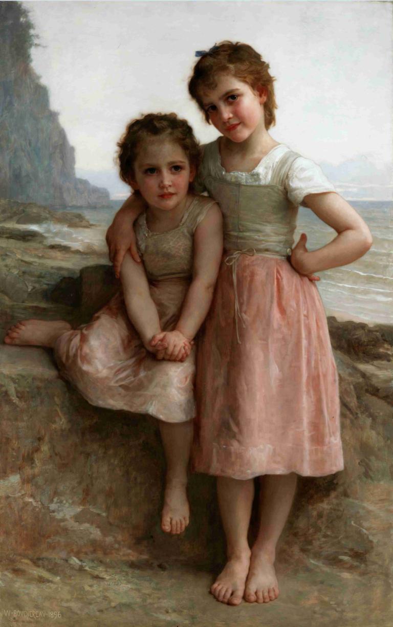 Sisters on the Shore,William-Adolphe Bouguereau,Oil Painting,Oil Painting, multiple girls, 2girls, barefoot