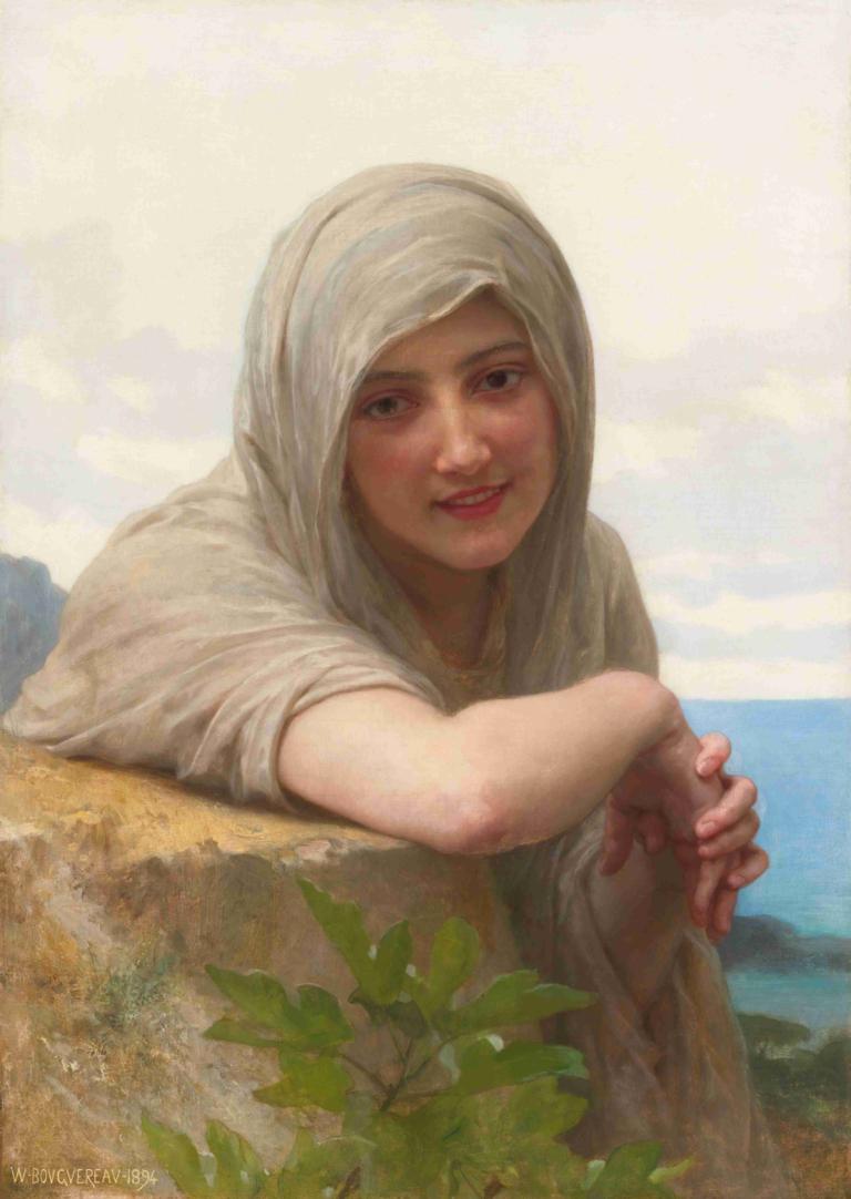 Souvenir,William-Adolphe Bouguereau,Oil Painting,Oil Painting, 1girl, solo, realistic, smile