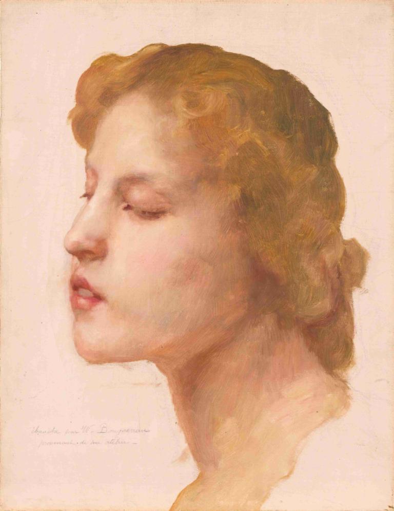 Study Of A Woman's Head,여자의 머리 연구,William-Adolphe Bouguereau,윌리엄-아돌프 부게로,오일 페인팅,오일 페인팅, 독주, 여자 1명, 감긴 눈, 현실적인