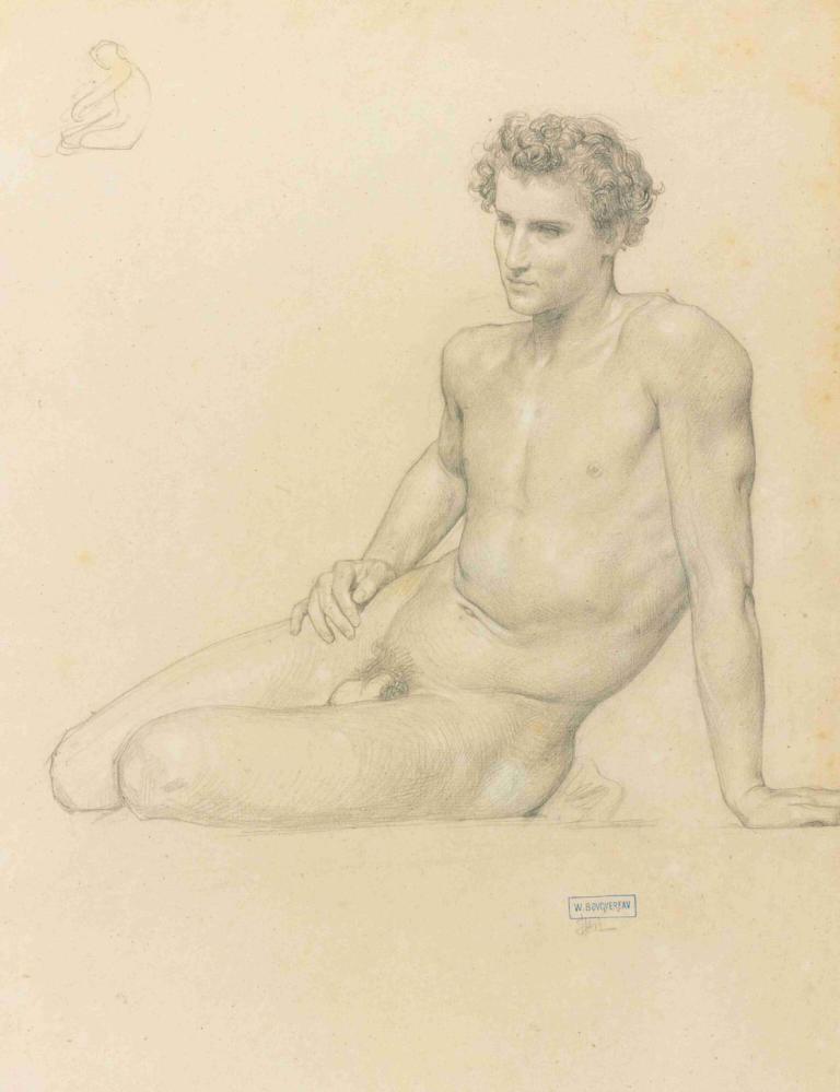 Study of a seated man for l'été,레테를 위한 앉은 남자의 연구,William-Adolphe Bouguereau,윌리엄-아돌프 부게로,스케치,스케치, 1남, 남성 집중