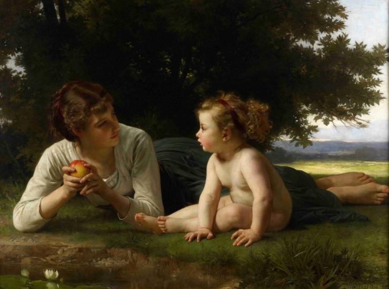 Temptation,유혹,William-Adolphe Bouguereau,윌리엄-아돌프 부게로,오일 페인팅,오일 페인팅, 미술 패러디, 과일, 음식, 현실적인, 맨발, 여자 2명, 여러 여자