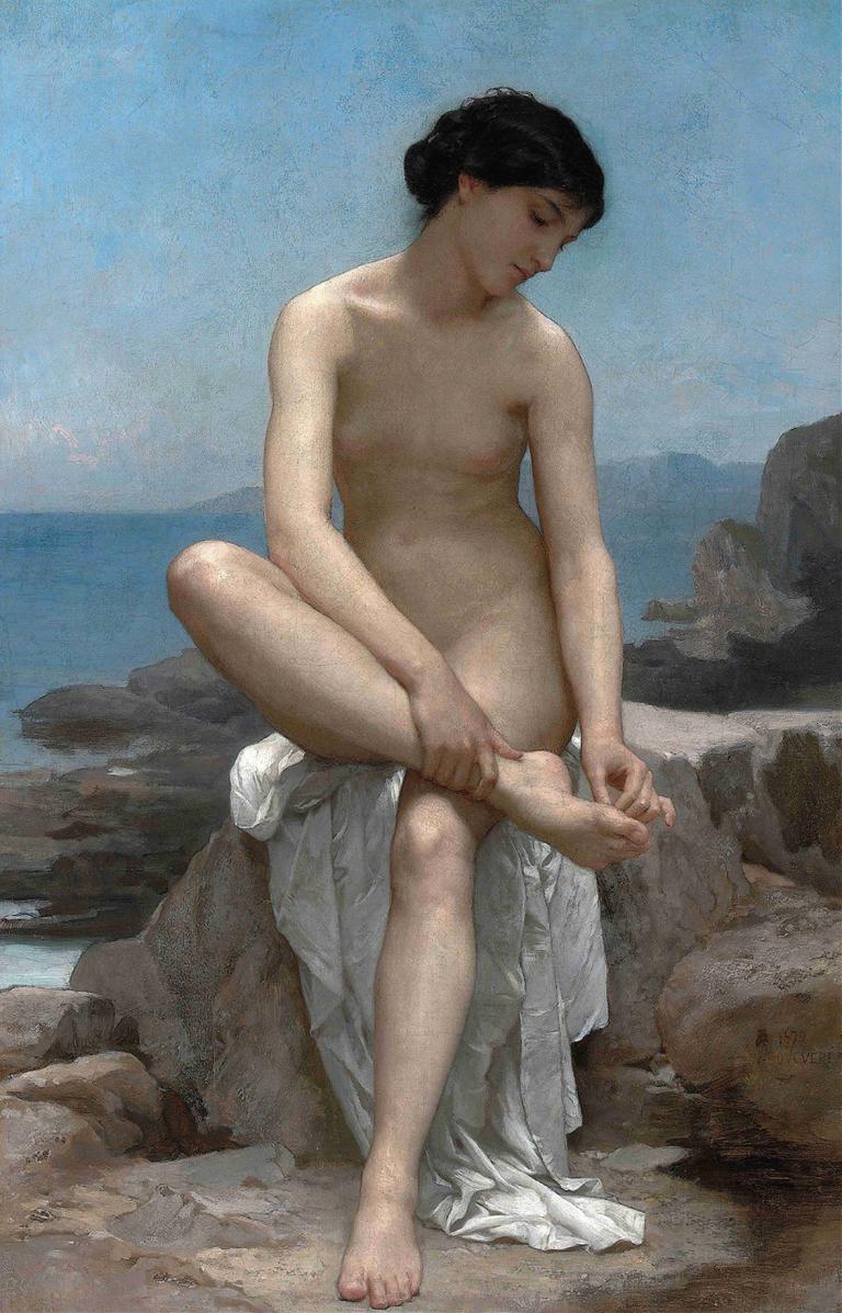 The Bather,William-Adolphe Bouguereau,윌리엄-아돌프 부게로,오일 페인팅,오일 페인팅, 여자 1명, 독주, 나체상, 가슴, 젖꼭지, 현실적인, 흑발, 좌석, 맨발