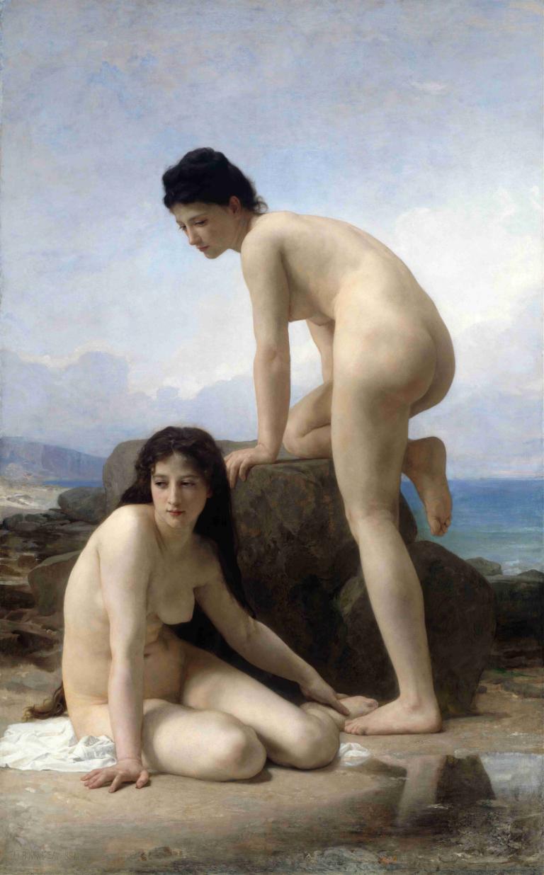 The Bathers,William-Adolphe Bouguereau,윌리엄-아돌프 부게로,오일 페인팅,오일 페인팅, 미술 패러디, 여러 여자, 여자 2명, 나체상, 가슴, 흑발, 현실적인