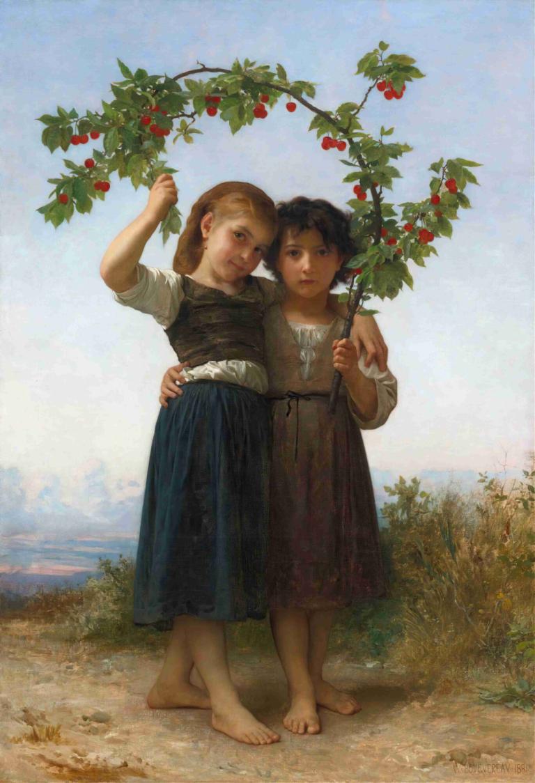 The Cherry Branch,William-Adolphe Bouguereau,Lukisan cat minyak,Lukisan cat minyak, banyak gadis, 2 perempuan