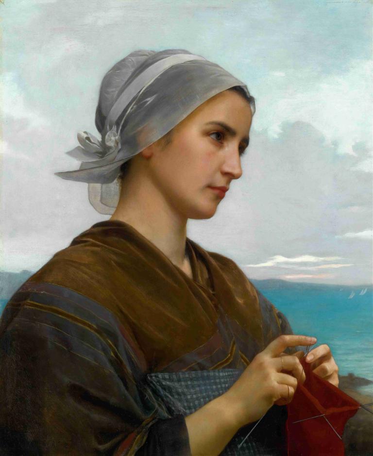 Tricoteuse Bretonne,Breton strikker,William-Adolphe Bouguereau,Oliemaleri,Oliemaleri, 1 pige, solo