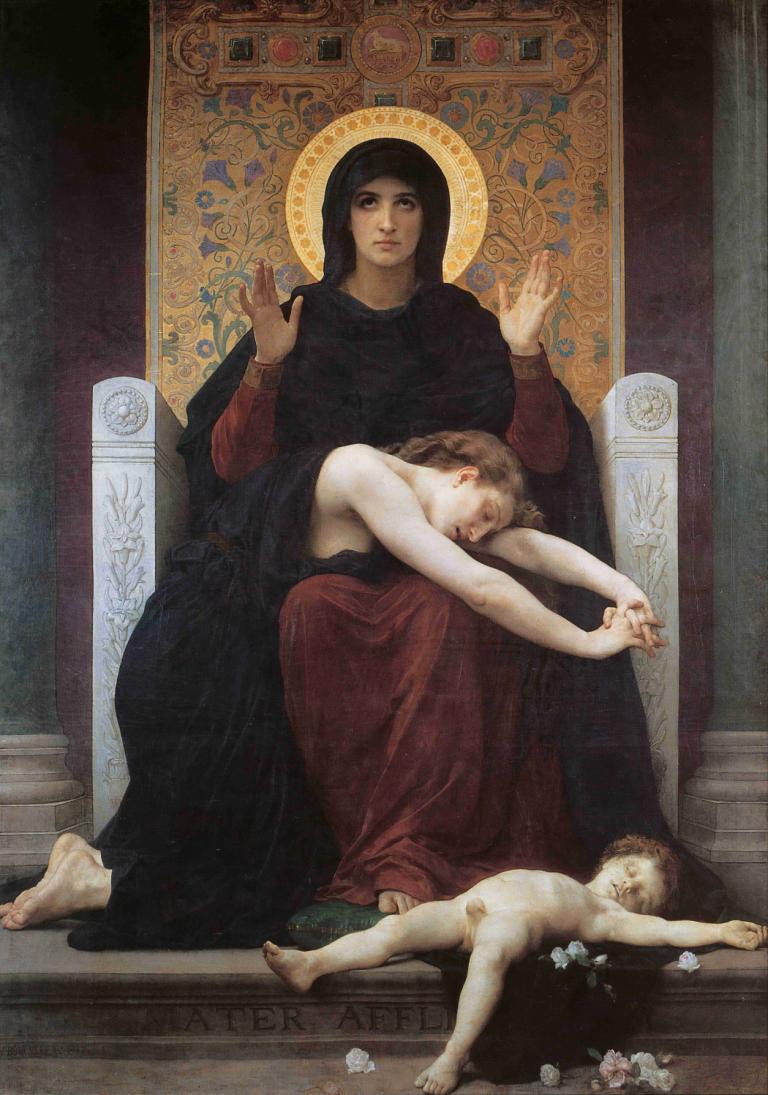 Virgin Comforter,处女被,William-Adolphe Bouguereau,威廉-阿道夫-布格罗,油画,油画, 美术模仿, 赤脚, 戏仿, 花, 雕像, 裸体, 裙子, 黑发, 支柱, 1男孩