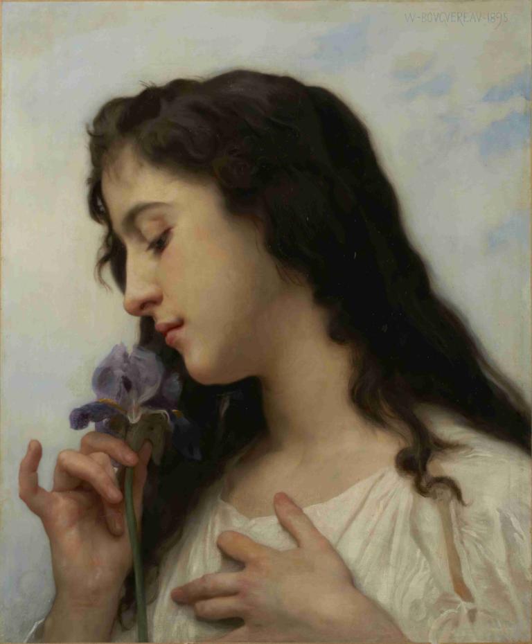 Woman with Iris,鸢尾花女子,William-Adolphe Bouguereau,威廉-阿道夫-布格罗,油画,油画, 1个女孩, 独奏, 花, 实际的, 长发, 闭着眼睛, 黑发, 保持, 拿着花