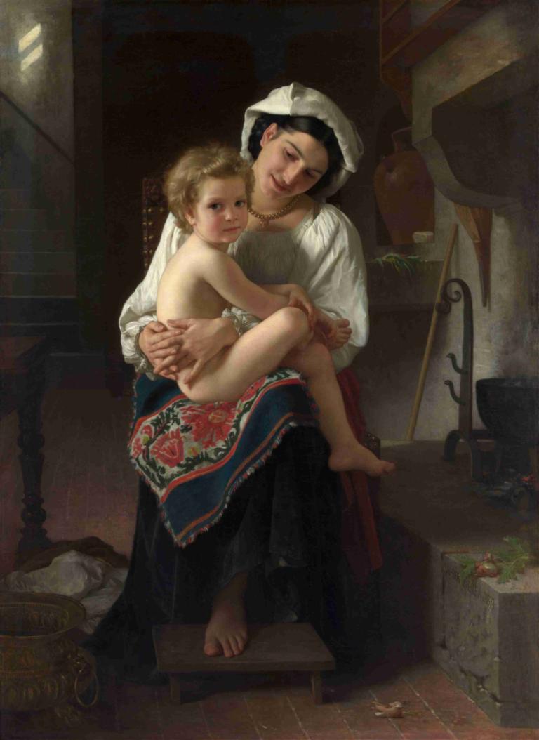 Young Mother Gazing at Her Child,凝视孩子的年轻母亲,William-Adolphe Bouguereau,威廉-阿道夫-布格罗,油画,油画, 美术模仿, 实际的, 金头发, 赤脚