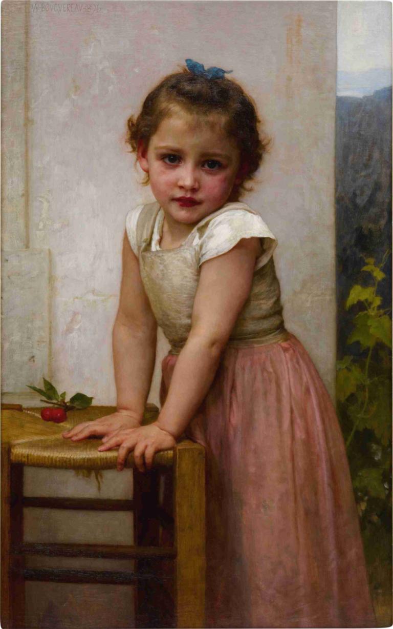 Yvonne,伊冯娜,William-Adolphe Bouguereau,威廉-阿道夫-布格罗,油画,油画, 1个女孩, 独奏, 粉色裙子, 裙子, 衬衫, 实际的, 看着观众, 蓝眼睛, 短袖, 长裙, 白衬衫