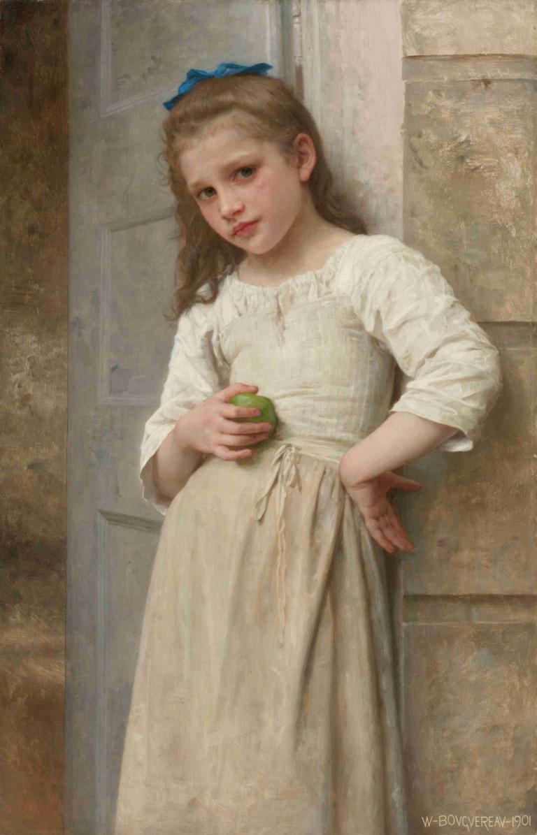 Yvonne Sur Le Pas De La Porte,门前的伊冯娜,William-Adolphe Bouguereau,威廉-阿道夫-布格罗,油画,油画, 1个女孩, 独奏, 实际的, 美术模仿, 看着观众