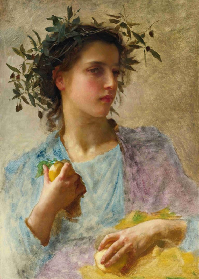 l'été (Summer ),William-Adolphe Bouguereau,Oil Painting,Oil Painting, fruit, food, solo, realistic, 1boy