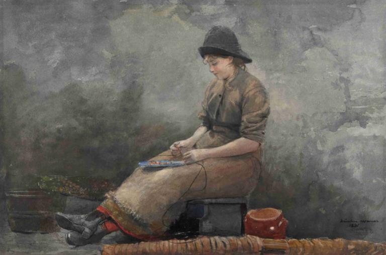 A Fishergirl Baiting Lines,Winslow Homer,Oil Painting,Oil Painting, 1girl, solo, sitting, blonde hair, hat