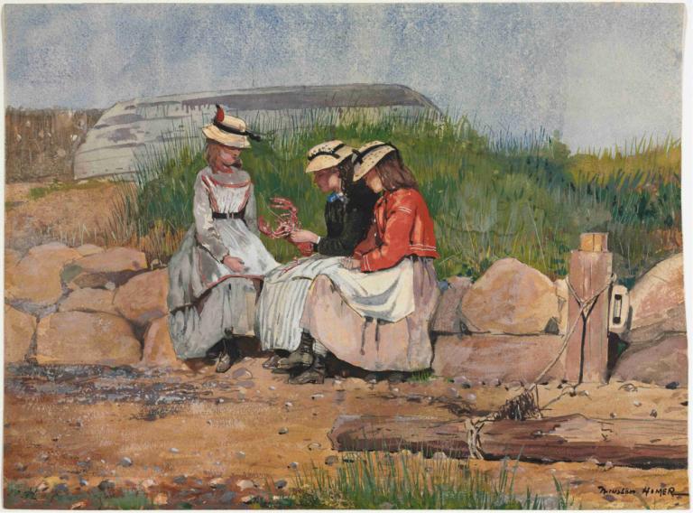 A Fisherman's Daughter,Winslow Homer,Oil Painting,Oil Painting, multiple girls, 2girls, dress, hat, outdoors