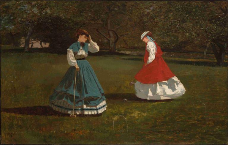 A Game of Croquet,Winslow Homer,Oil Painting,Oil Painting, multiple girls, 2girls, dress, long sleeves, hat