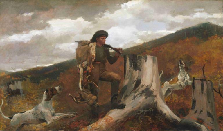 A Huntsman and Dogs,Winslow Homer,Oil Painting,Oil Painting, backpack, outdoors, 1boy, cloud, bag, cat, pants