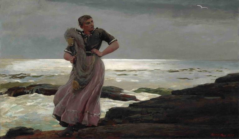 A Light on the Sea,Winslow Homer,Oil Painting,Oil Painting, 1girl, outdoors, ocean, 1boy, shirt, dress