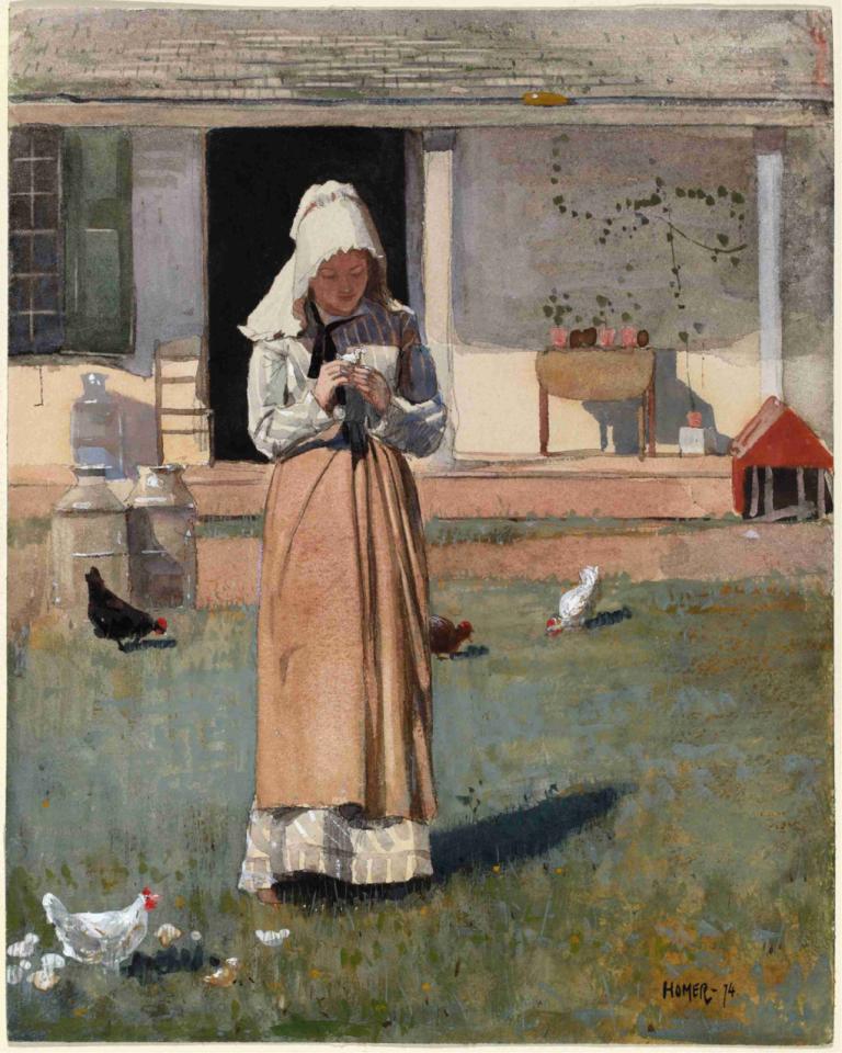 A Sick Chicken,Winslow Homer,Oil Painting,Oil Painting, 1girl, bird, solo, dress, grass, standing