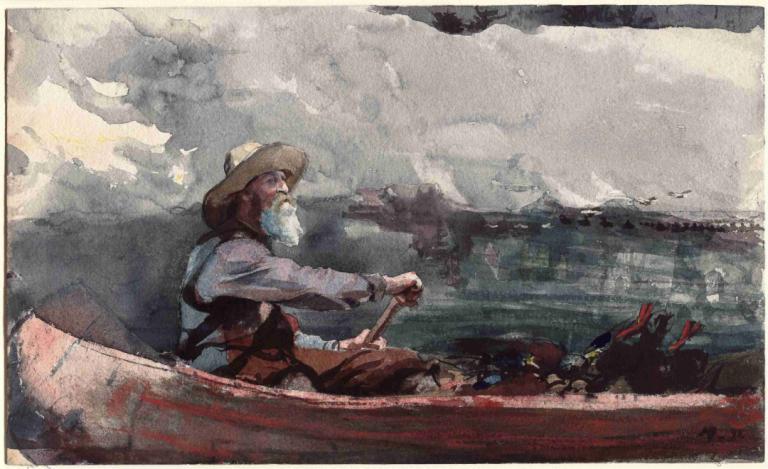 Adirondacks Guide,Winslow Homer,Oil Painting,Oil Painting, 1boy, watercraft, hat, male focus, facial hair