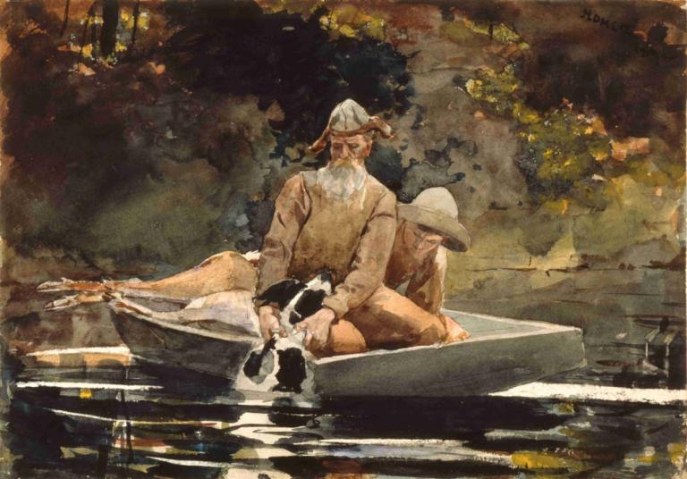 After the Hunt,Winslow Homer,Oil Painting,Oil Painting, watercraft, boat, water, beard, old, facial hair