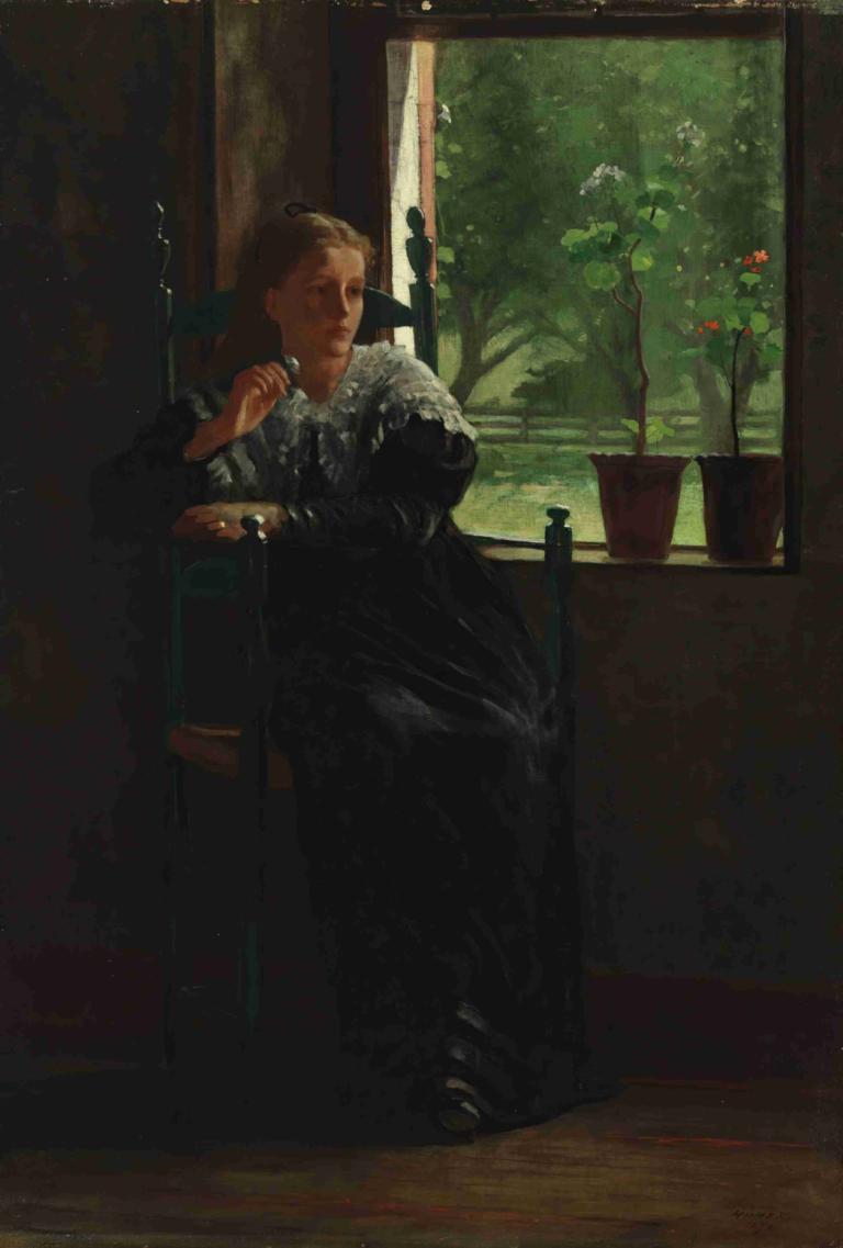 At the Window,Winslow Homer,Oil Painting,Oil Painting, 1girl, solo, dress, plant, black dress, sitting, chair